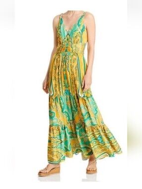 Kobi Halperin Aileen Yellow and Green Paisley Tiered Maxi Dress